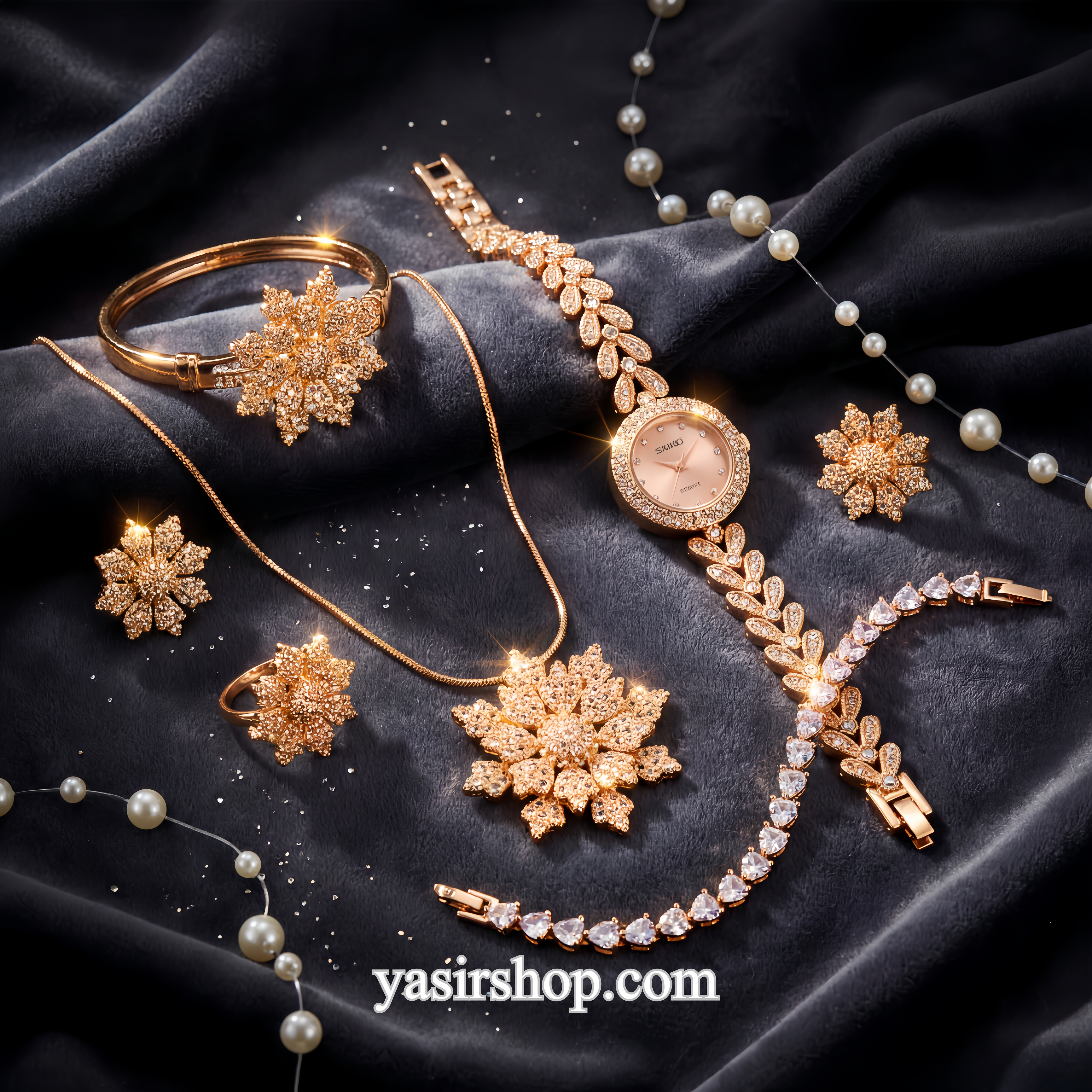 Luxury Gold Plated Snowflake Jewelry Gift Set – 7 in 1 with Crystal Watch | Bridal & Party Wear for Women