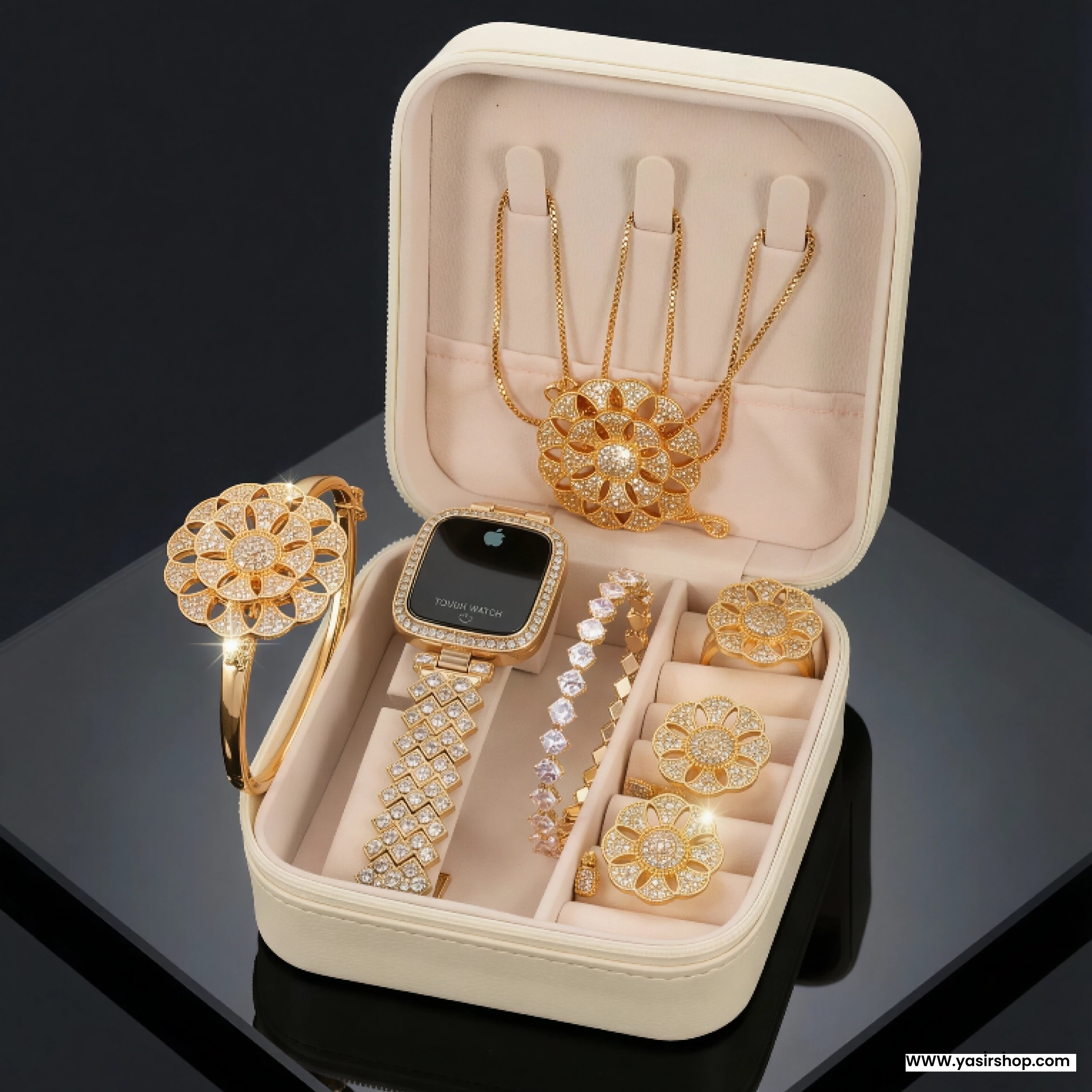 Luxury Gold Plated Women Jewelry Gift Set – 7 in 1 with LED Digital Watch | Bridal & Party Wear Gift Box
