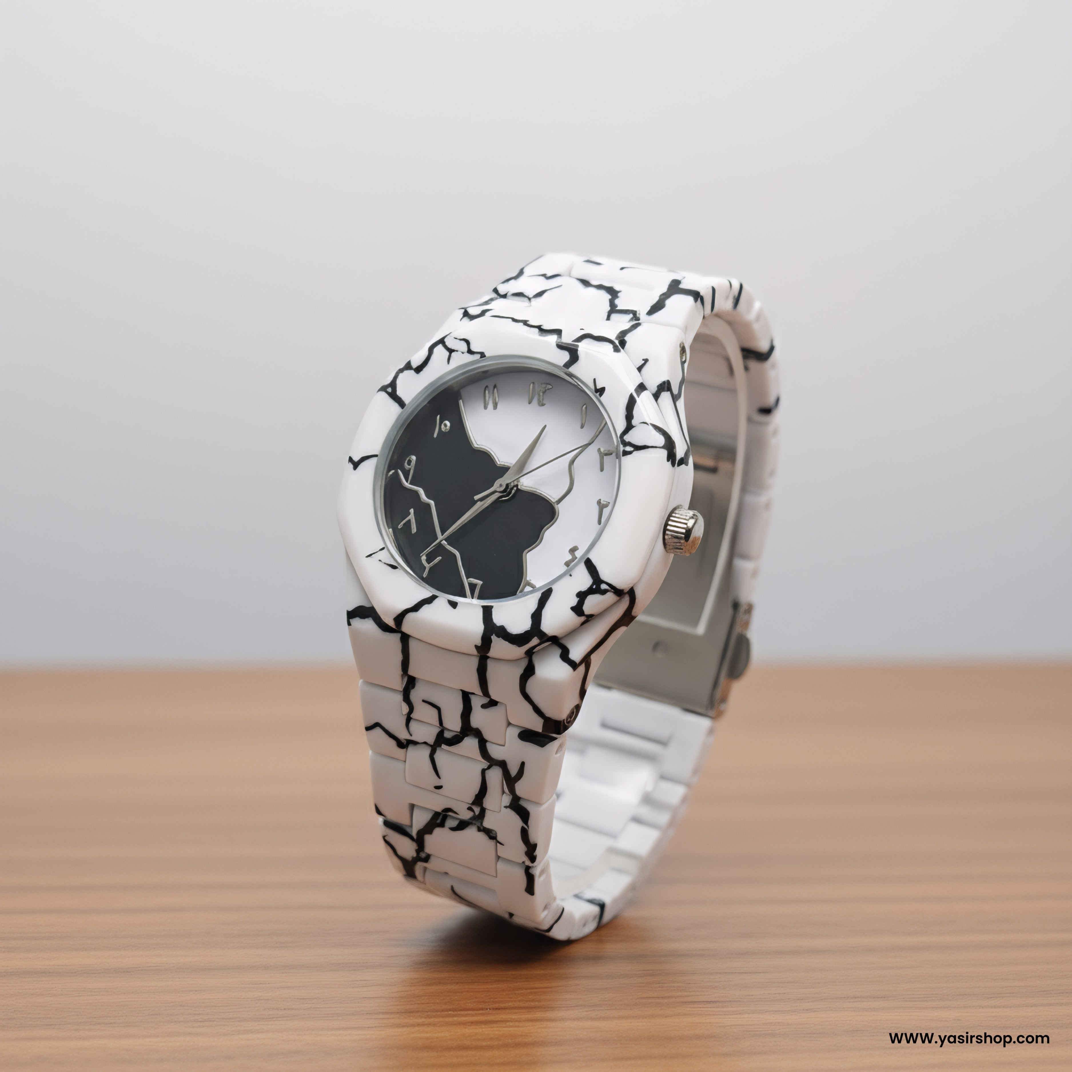 Arabic Dial White Cracked Watch – Stylish Unisex Edition (Free Delivery)